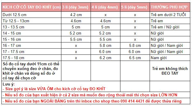 Bảng kích cỡ gợi ý để chọn vòng tay bằng đồng đỏ phù hợp
