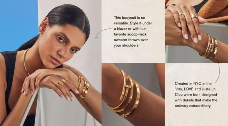 Cận cảnh vòng tay Cartier Juste un Clou, cho thấy sự tinh tế và vẻ đẹp độc đáo của thiết kế đinh tán
