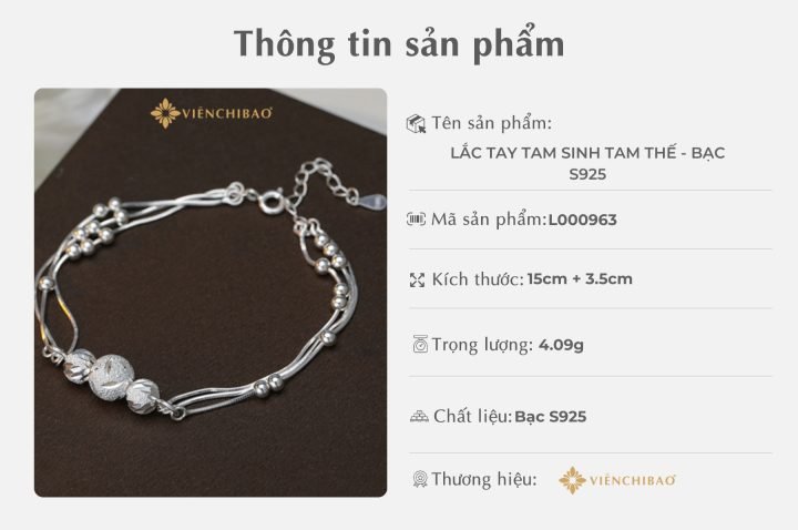 Lắc tay tam sinh tam thế bạc S925 với ba charm cầu nổi bật