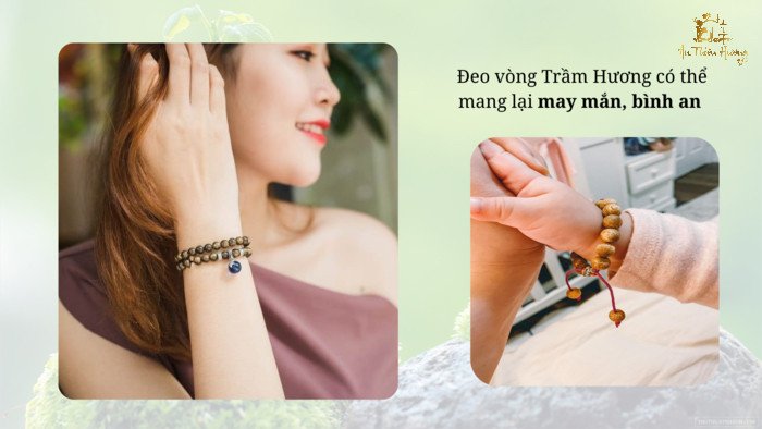 Một chiếc vòng tay trầm hương trên bàn tay, biểu tượng của sự may mắn và bình an