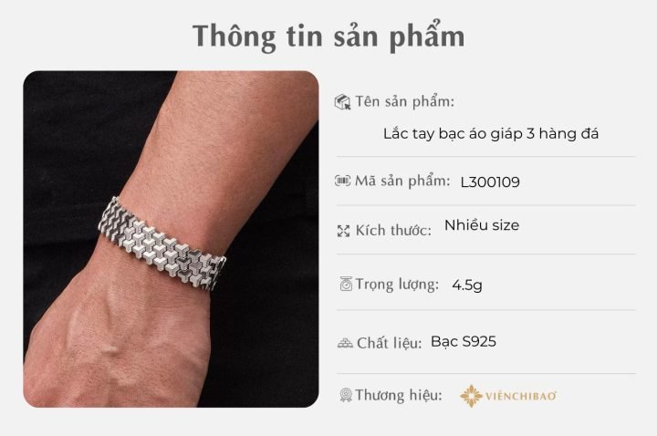 Vòng tay áo giáp bạc S925 ba hàng đá Zircon lấp lánh