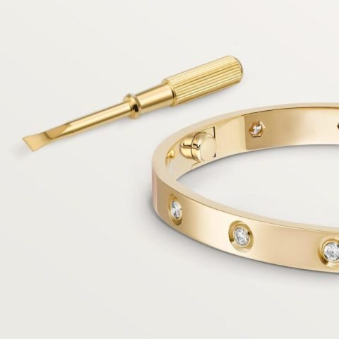 Vòng tay Cartier Love Bracelet chính hãng với thiết kế đinh vít biểu tượng cho tình yêu vĩnh cửu.