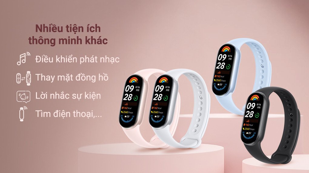 Vòng tay Mi Band 9 hiển thị các tiện ích khác như dự báo thời tiết và báo thức