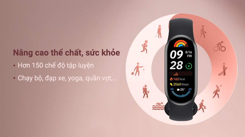 Vòng tay Mi Band 9 với giao diện chế độ luyện tập, hiển thị các chỉ số thể thao