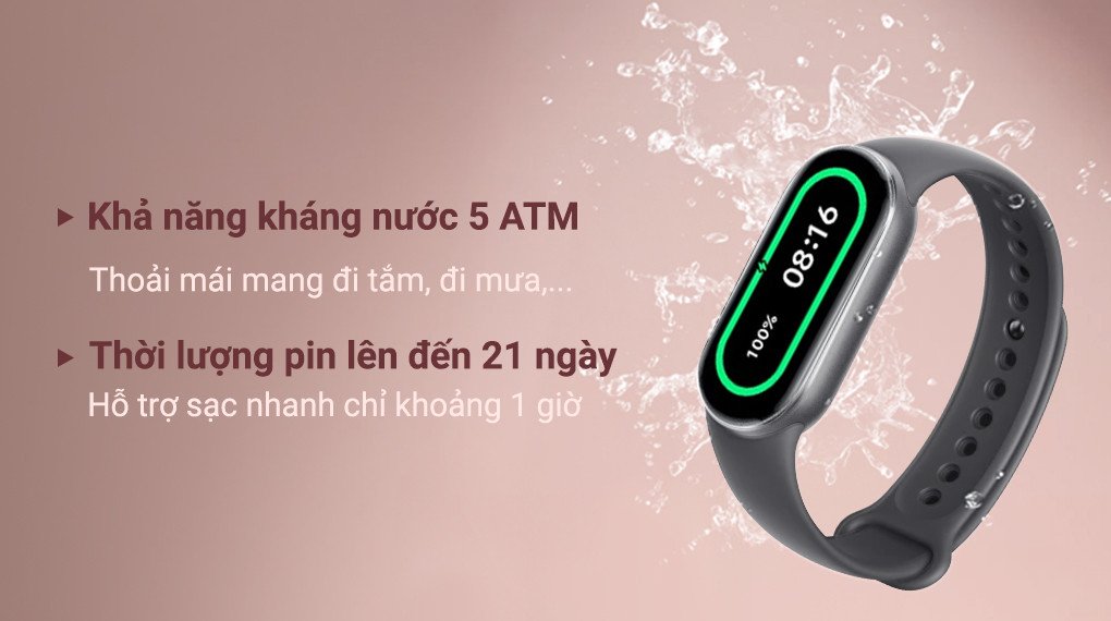 Vòng tay Mi Band 9 với hình ảnh minh họa pin và khả năng chống nước khi tập luyện