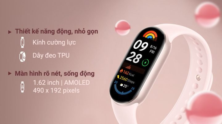 Vòng tay Mi Band 9 với thiết kế hiện đại, màn hình sắc nét và dây đeo thoải mái