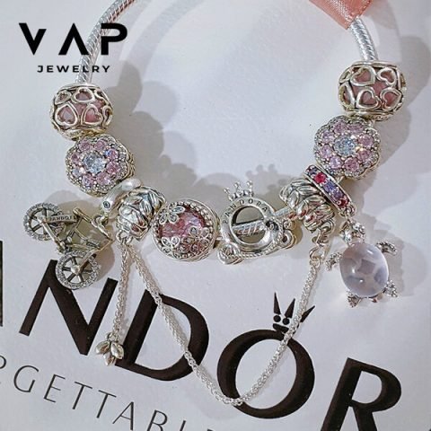 Vòng tay Pandora charm treo rùa hồng tinh xảo