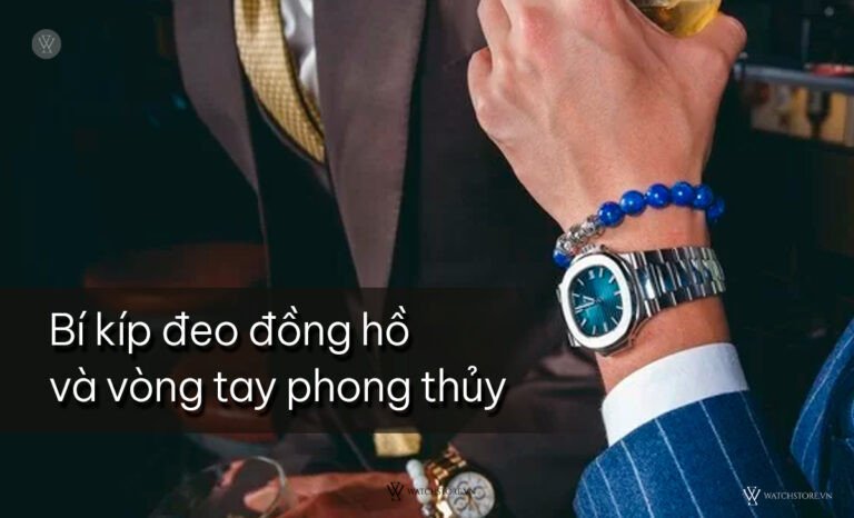 Bàn tay đeo vòng tay đá phong thủy nhiều màu sắc cùng một chiếc đồng hồ tinh tế, minh họa bí kíp kết hợp đeo đồng hồ và vòng tay phong thủy