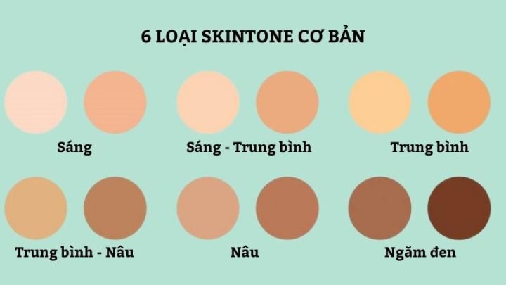 Bảng minh họa các loại tông da (skintone) từ sáng đến ngăm đen, giúp xác định sắc độ da dễ dàng hơn.