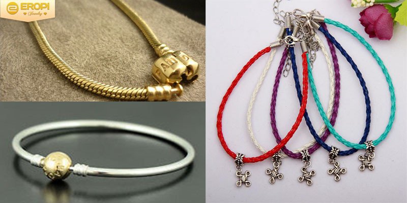 Các loại dây đeo của vòng tay Pandora bao gồm bạc 925, vàng và da