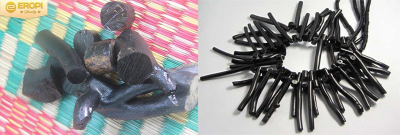 Các nhánh san hô đen thô, sẵn sàng cho việc chế tác thành lắc tay cây dương biển bọc vàng.