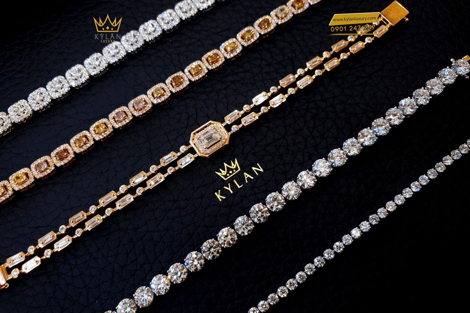 Combo lắc tay kim cương và đá quý kết hợp trên tay