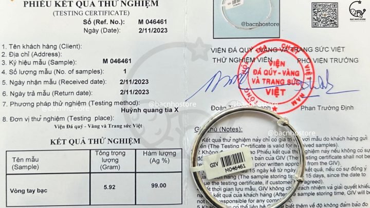 Giấy kiểm định chất lượng bạc cho mẫu lắc tay cho bé gái