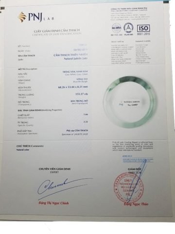 Giấy kiểm định pnj vòng tay cẩm thạch
