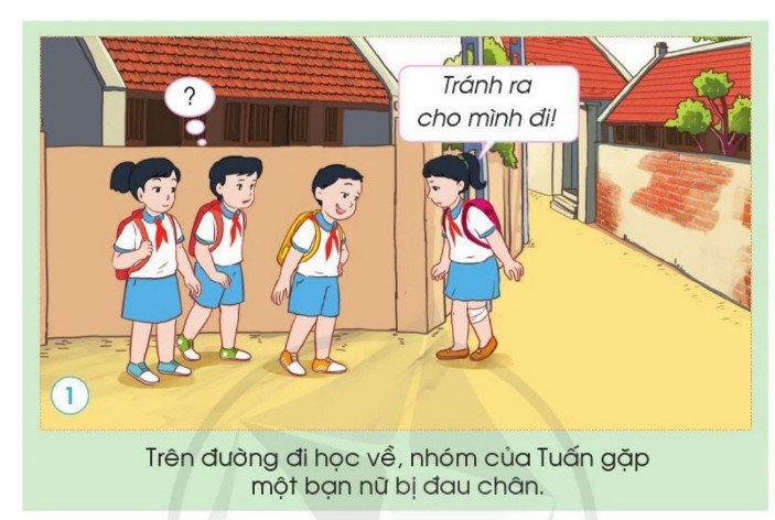 Hai bạn học sinh đang ân cần giúp đỡ một bạn khác bị ngã.