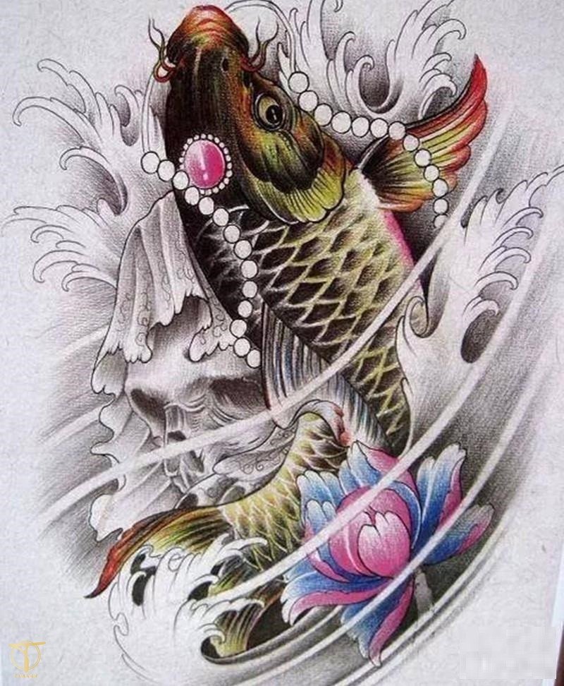 Hình ảnh minh họa mẫu hình xăm cá chép kết hợp với hoa sen tinh xảo