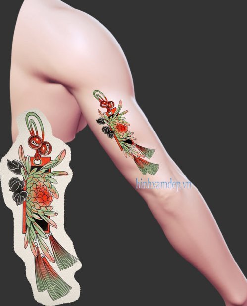 Hình xăm nhật cổ mini vòng tay hoa cúc