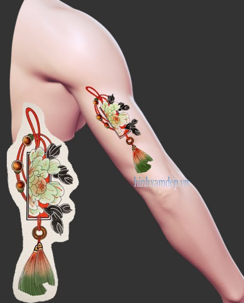 Hình xăm nhật cổ mini vòng tay hoa mẫu đơn