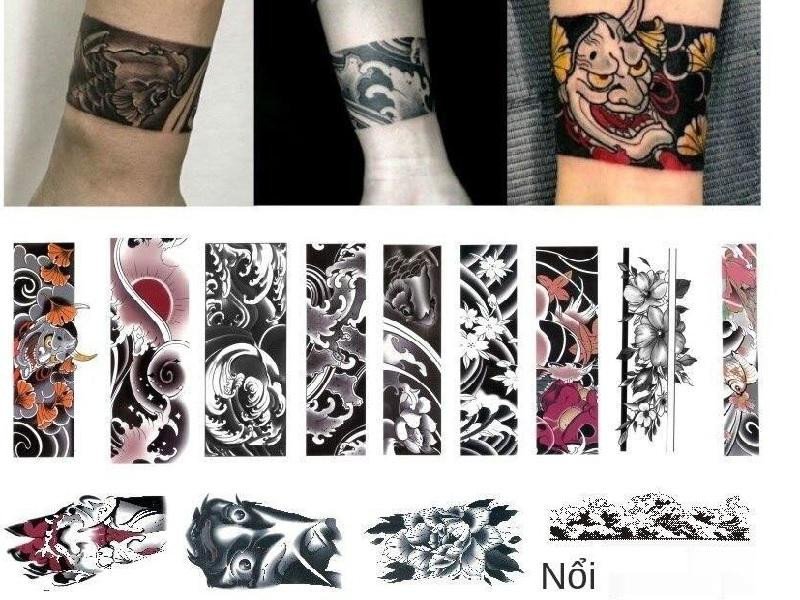 Hình xăm vòng tay với hoa mẫu đơn và sóng nước Nhật cổ