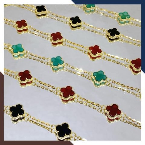 Lắc tay cỏ 4 lá đỏ vàng tây 10k đính đá