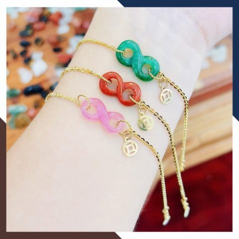 Lắc tay như ý nguyện đính đá tự nhiên và charm vô cực bằng vàng tây 10k