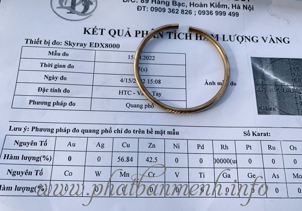 Mẫu kiểm định vòng tay bằng đồng thau với 57% đồng