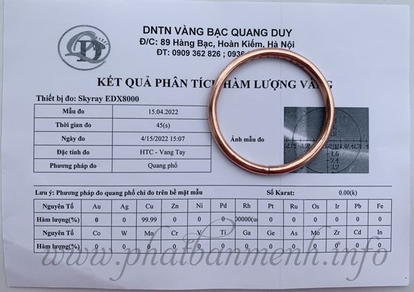 Mẫu kiểm định vòng tay đồng đỏ nguyên chất