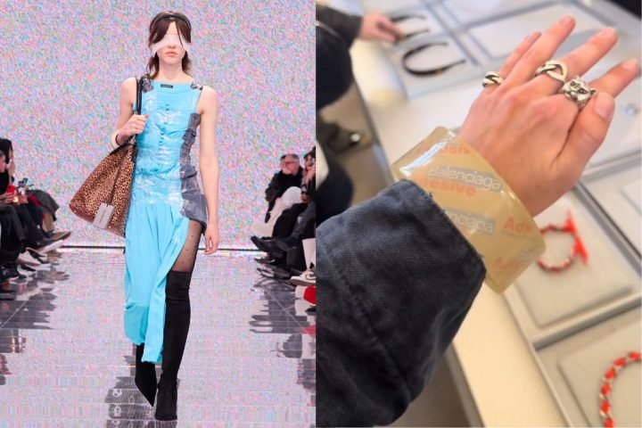Người mẫu đeo vòng tay Balenciaga Gaffer Bangle trong buổi trình diễn