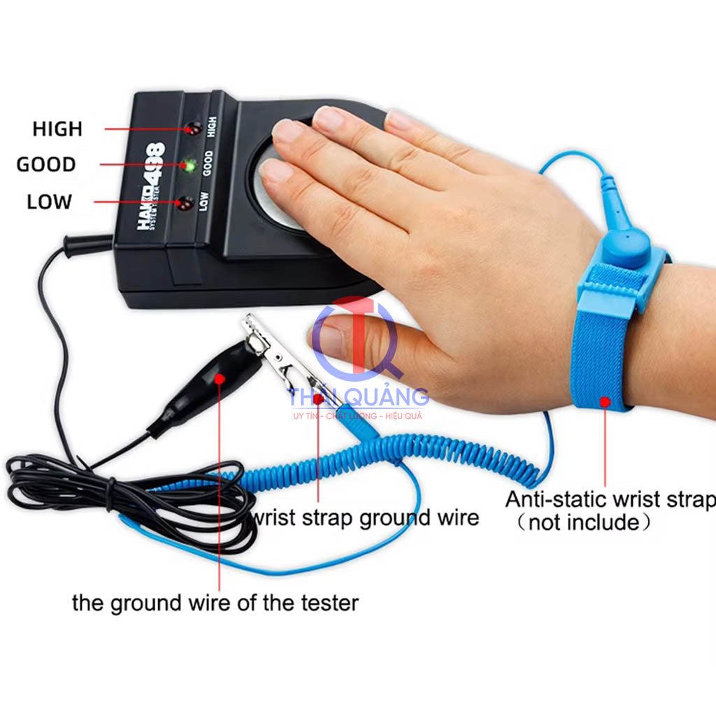 Quy trình kiểm tra điện trở vòng tay chống tĩnh điện bằng thiết bị Hakko 498, đảm bảo an toàn cho người dùng.