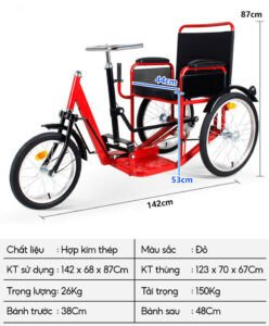 Sơ đồ kích thước chi tiết của xe lăn lắc tay 3 bánh, giúp người dùng dễ dàng hình dung