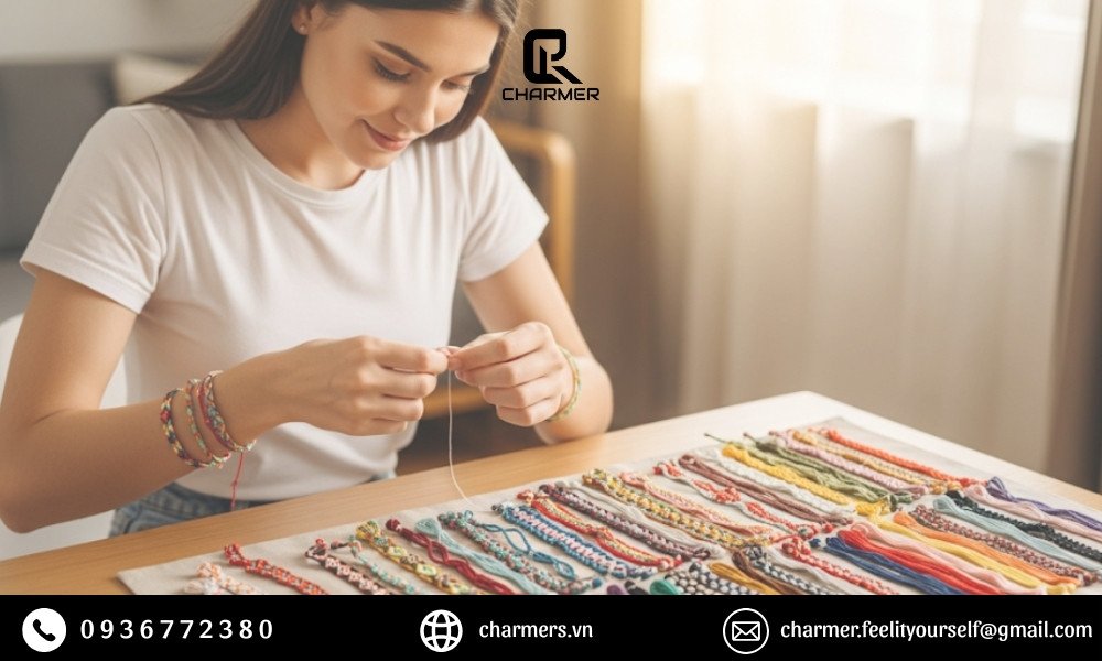 Thành phẩm vòng tay chỉ khâu tự làm thể hiện phong cách cá nhân và sự khéo léo