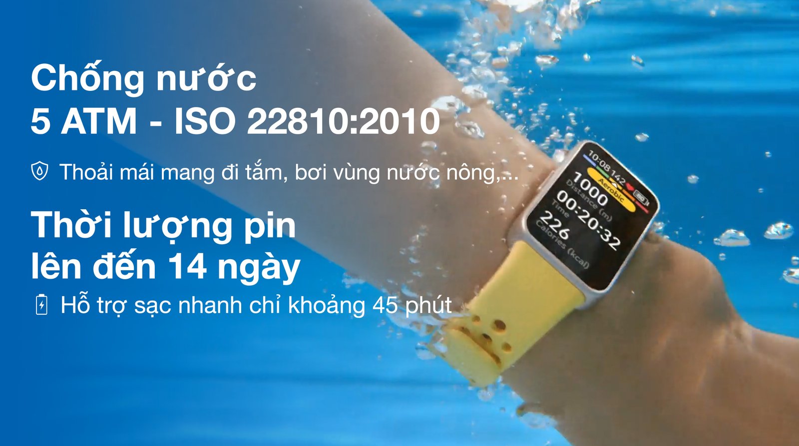 Thời lượng pin dài và khả năng chống nước 5 ATM của vòng tay thông minh Honor Band 9