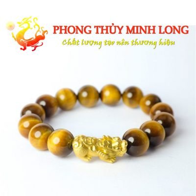 Vòng tay đá mắt hổ vàng nâu kết hợp tỳ hưu mạ vàng, một mẫu vòng tay đá mắt hổ có giá trị cao
