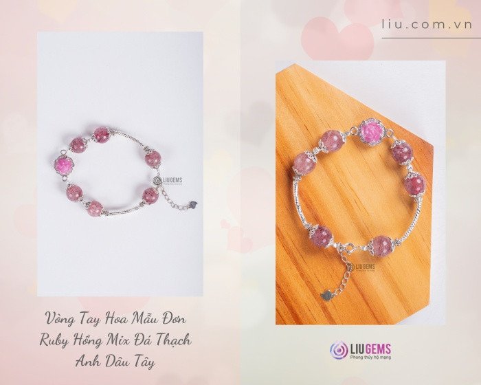 Vòng Tay Hoa Mẫu Đơn Ruby Hồng Mix Đá Thạch Anh Dâu Tây