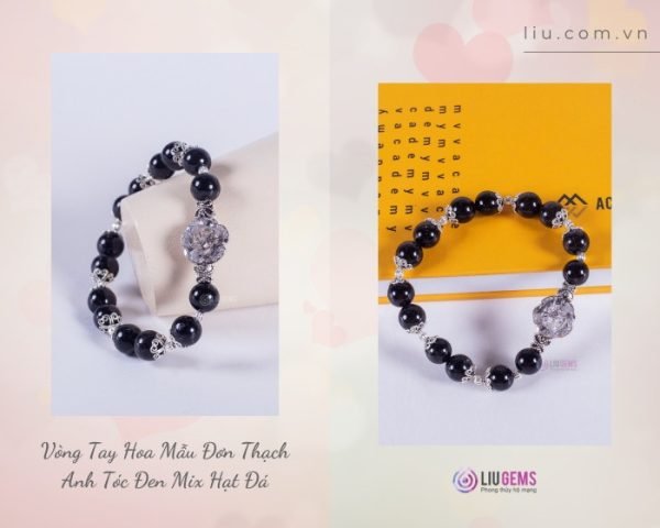 Vòng Tay Hoa Mẫu Đơn Thạch Anh Tóc Đen Mix Hạt Đá