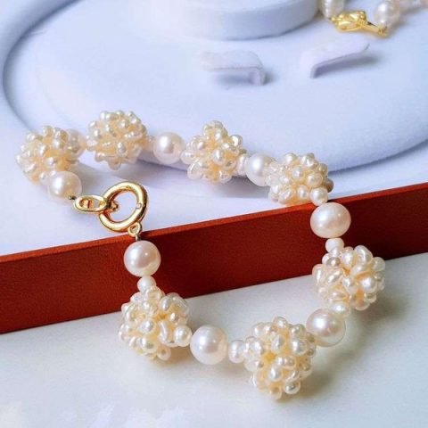 Vòng tay ngọc trai nước ngọt thiên nhiên cao cấp chuỗi đơn kết chùm dâu