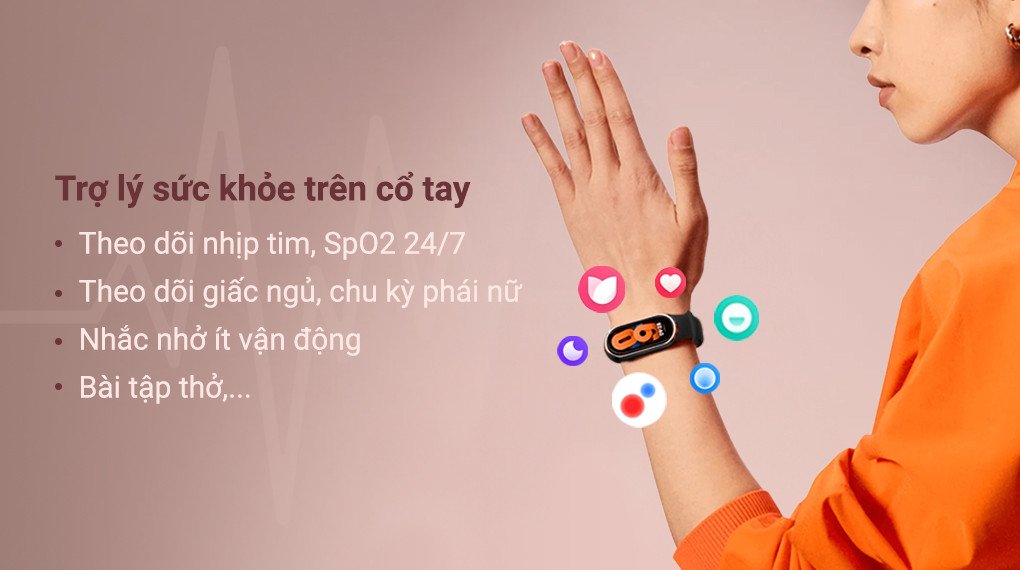 Vòng tay thông minh Xiaomi Band 9 theo dõi sức khỏe, hiển thị chỉ số nhịp tim và SpO2
