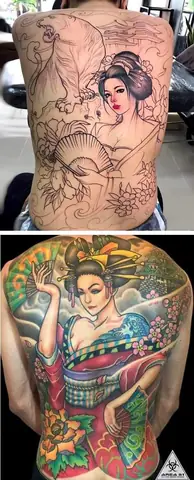 Hình Xăm Cô Gái Nhật Kín Lưng Kết Hợp Với Hoa Đào Hình Xăm Cô Gái Nhật Kín Lưng Kết Hợp Với Hoa Đào