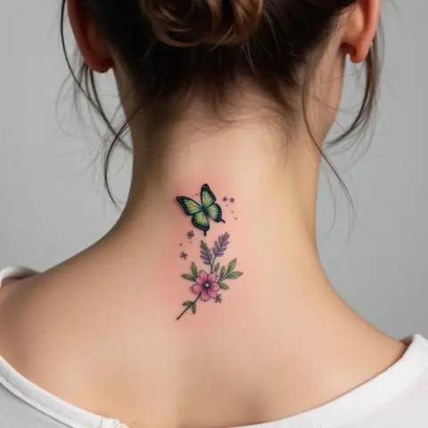 Hình Xăm Bướm Kết Hợp Hoa Lá Sau Gáy: Nữ Tính Và Hài Hòa