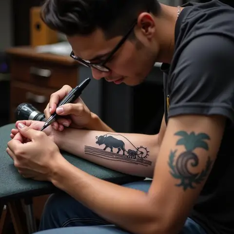 Hình Xăm Con Trâu Phong Cách Truyền Thống Với Đường Nét Đơn Giản Và Màu Sắc Tự Nhiên