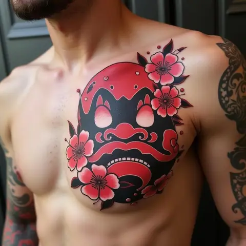 Hinh-xam-daruma-nua-nguoi-mau-do-den-o-nguc-trai-gan-tim-voi-hoa-anh-dao