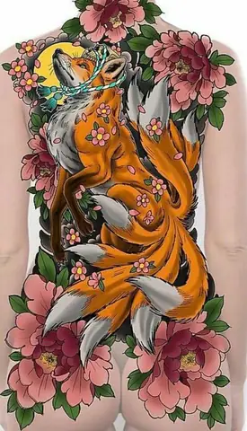 Hình Xăm Hồ Ly Cáo 9 Đuôi Full Lưng Nữ