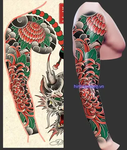 Hình Xäm Hoa Cúc Nháº­t Cá» Full Tay - May Máº¯n
