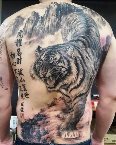 Hình Ảnh Cho Hình Xăm Hổ Xuống Núi Nửa Lưng: