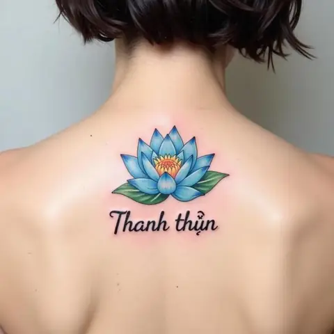 Hình Xăm Hoa Sen Xanh Và Chữ "thanh Thản" Trên Lưng, Biểu Tượng Sự Bình Yên Và Giác Ngộ Tâm Linh