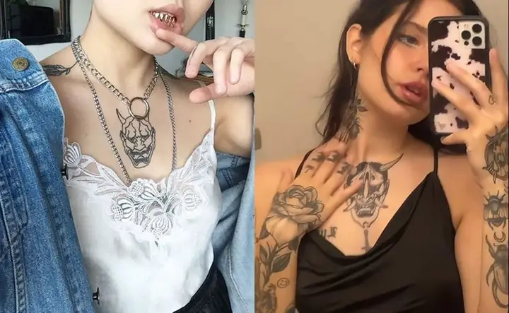 Hình Xăm Mặt Quỷ Hanya Ở Ngực Cho Nữ