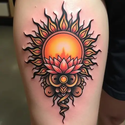 Hình Xăm Mặt Trời Hindu Thần Surya Biểu Tượng Trí Tuệ Sức Khỏe Vũ Trụ