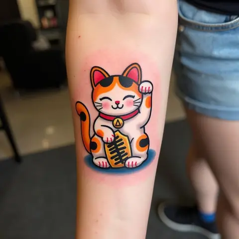 Hình Xăm Mèo Thần Tài Maneki Neko Đáng Yêu Trên Bắp Tay Thể Hiện Cá Tính