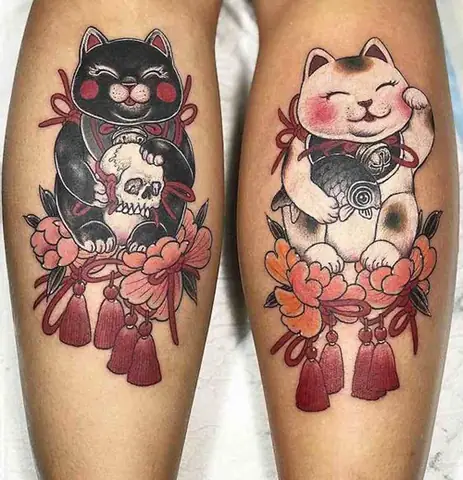 Hình Xăm Mèo Thần Tài Đen Trắng