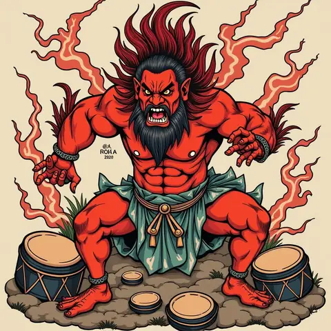 Hình Xăm Thần Sấm Raijin Nhật Cổ Điển Với Trống Taiko Và Biểu Cảm Dữ Tợn